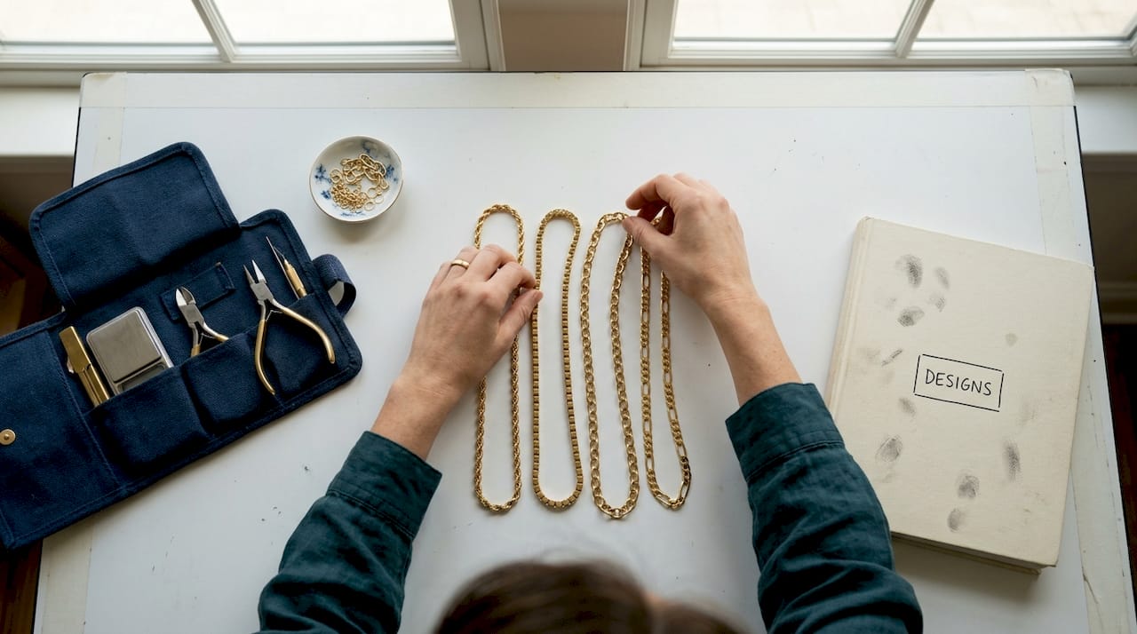 Designer arranges different gold chains