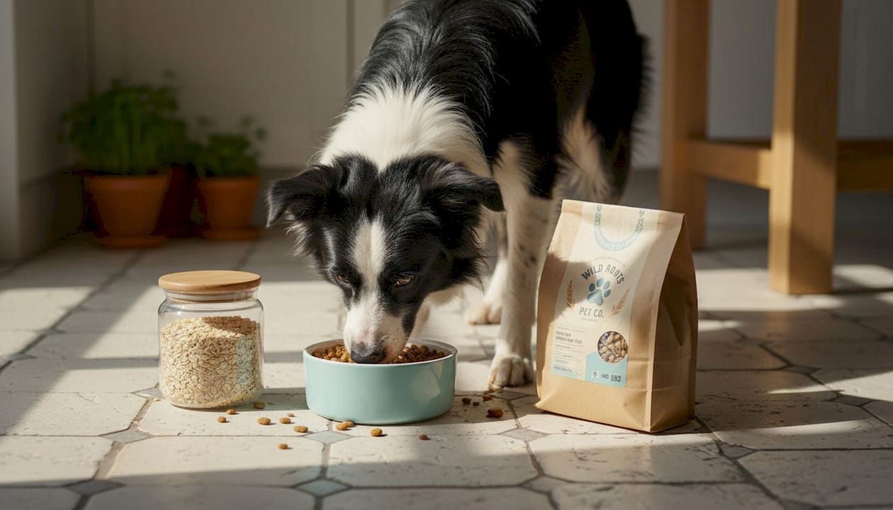 Dog eating from bowl with visible grains