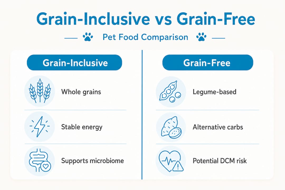 Infographic comparing grain-inclusive and grain-free pet food