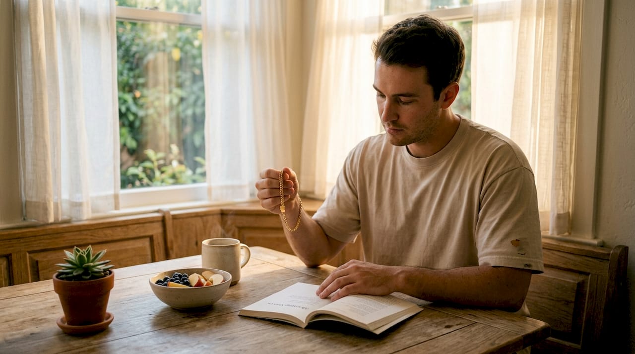Man handling gold necklace in kitchen