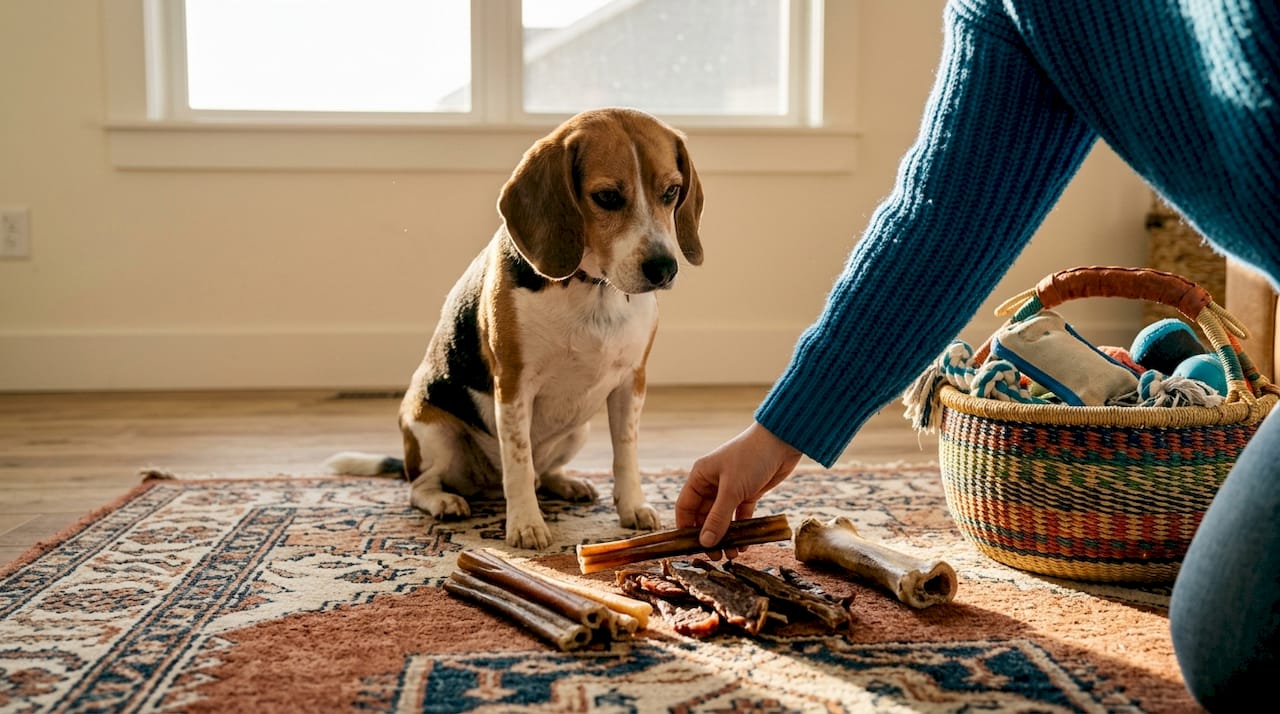Beagle beside edible dog chews selection