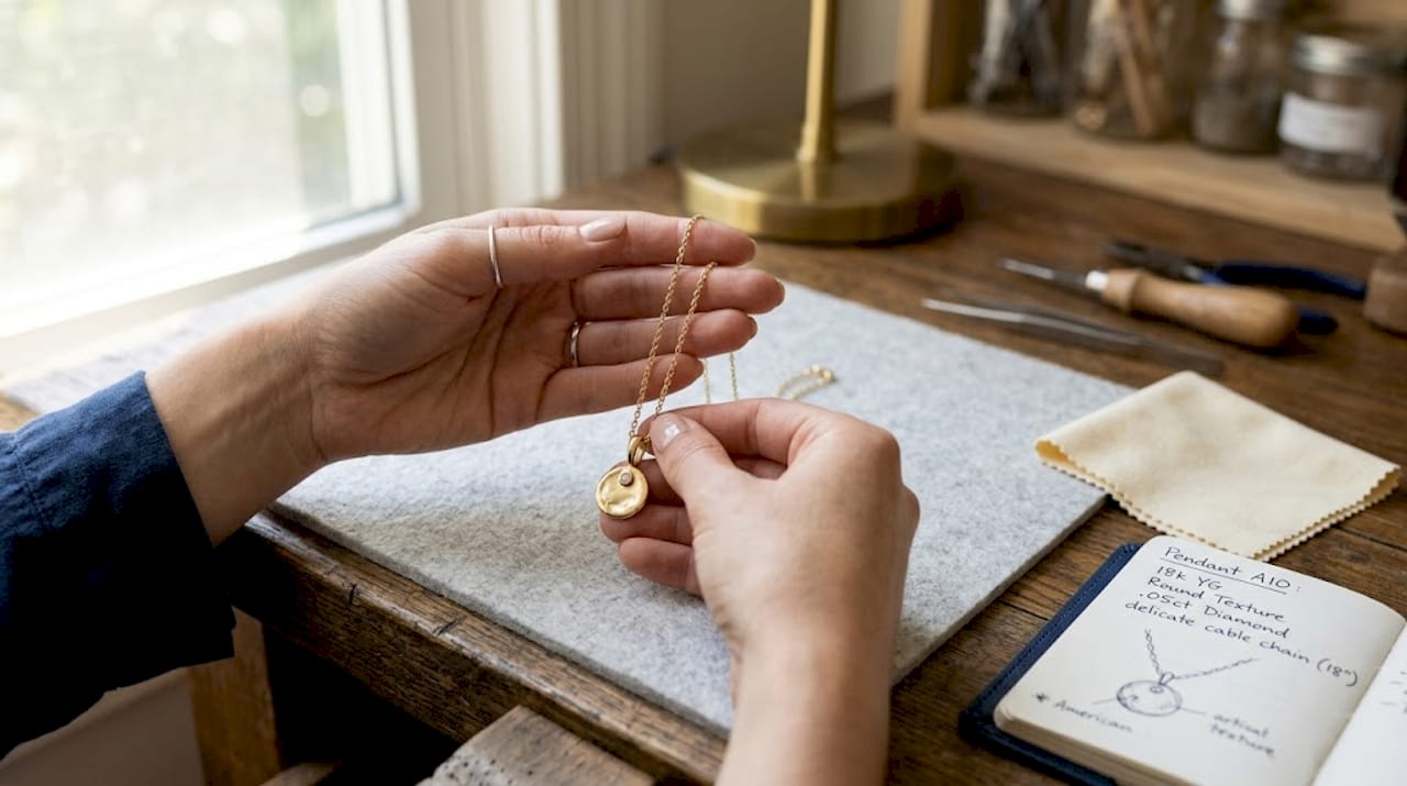 Jeweler holds pendant necklace chain, bail, and pendant