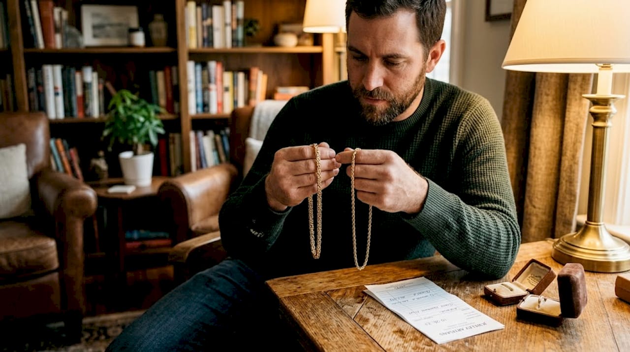Person comparing Byzantine and rope gold chains
