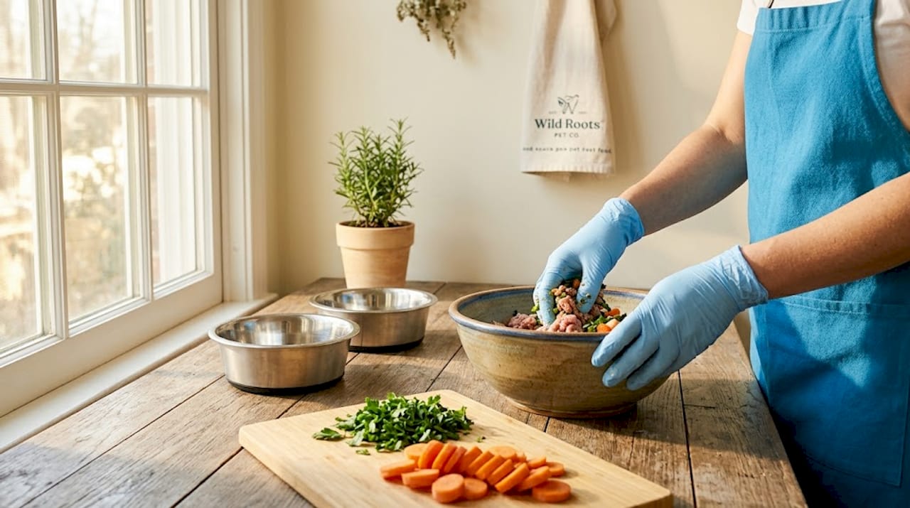 Hands preparing organic raw pet meal