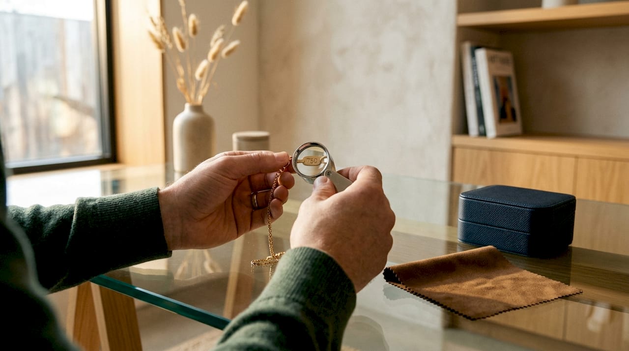 Hands examining gold chain hallmark under magnifier