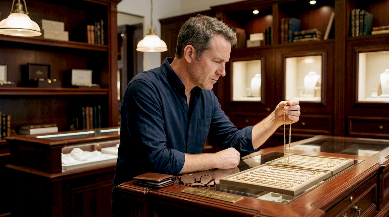 Man examining gold chain styles in jewelry store