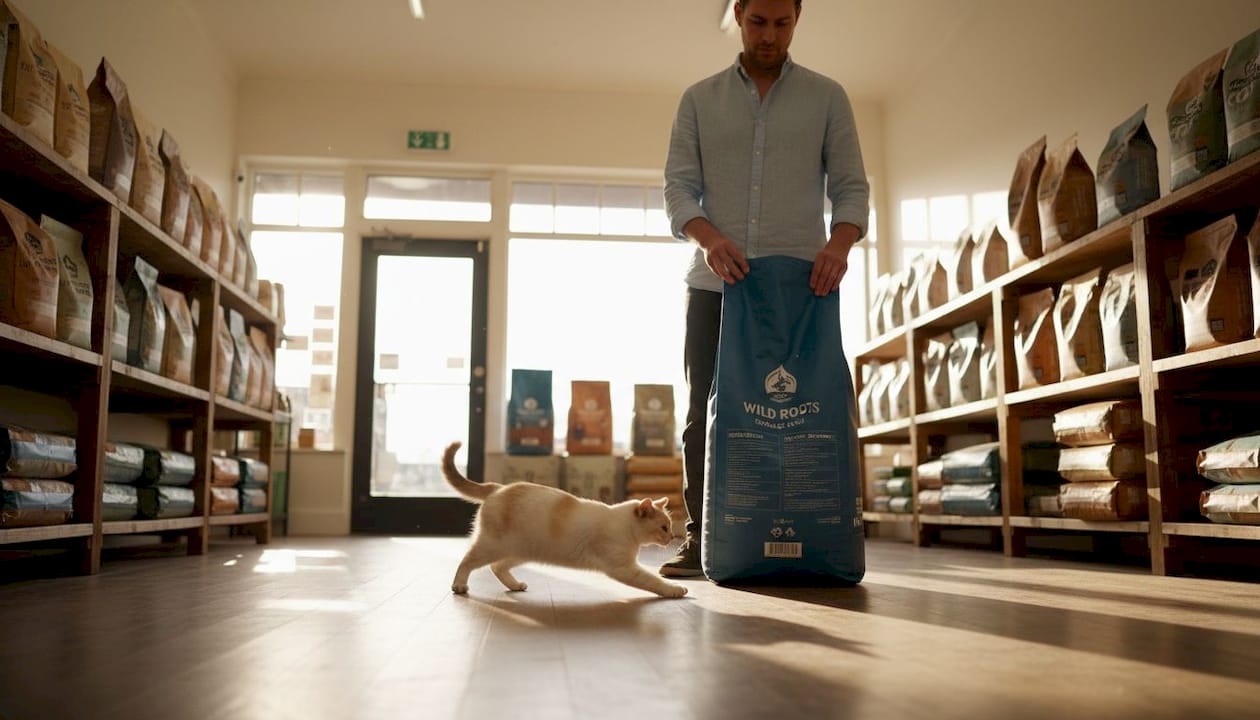 Shopper examining pet food nutrition label