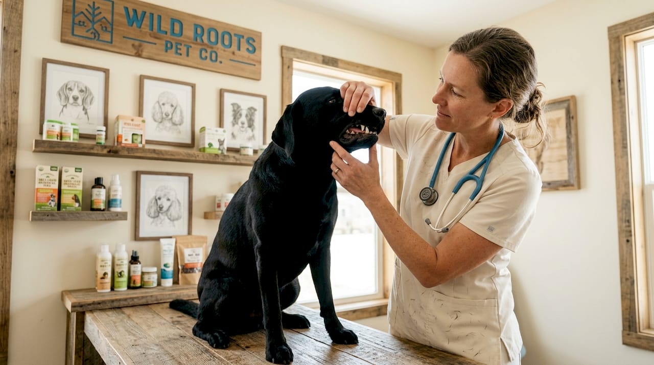 Veterinarian examining dog teeth at clinic