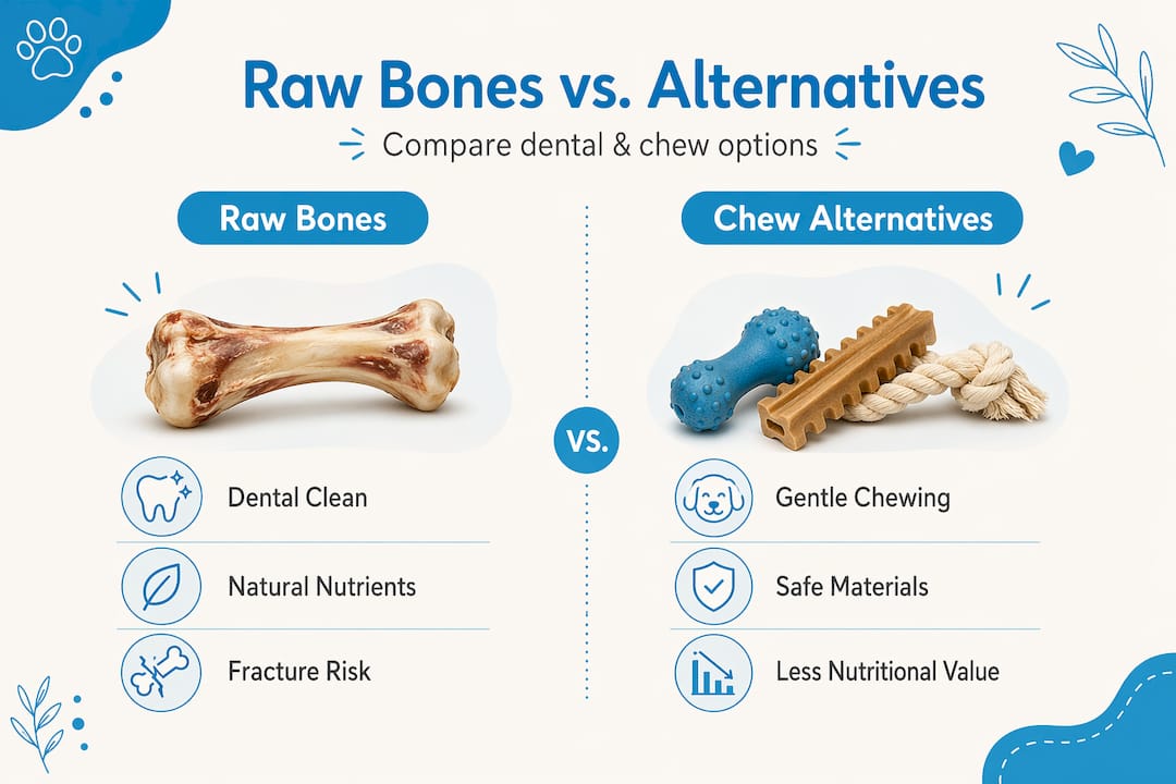 Infographic comparing raw bones and chew alternatives for dogs