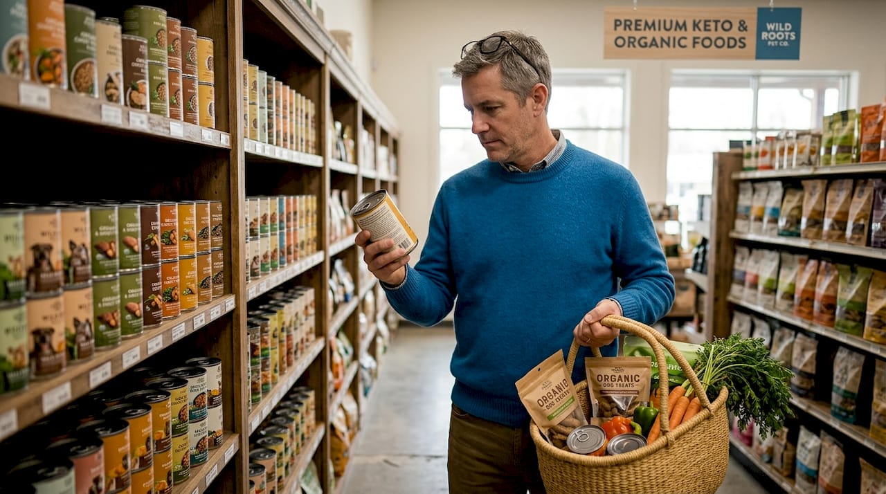 Man reading pet food label in store aisle