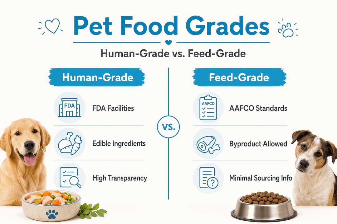 Infographic comparing human-grade to feed-grade pet food