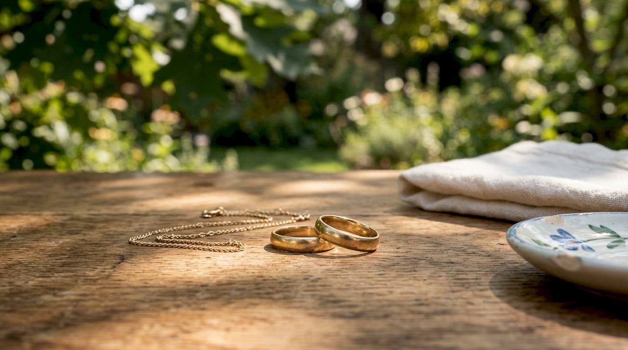 Closeup of classic gold rings and necklace