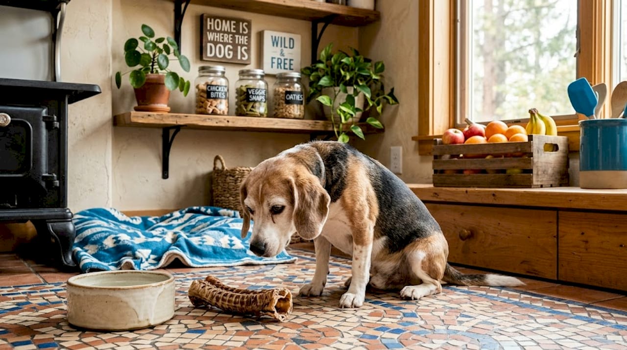 Senior beagle sniffing beef trachea chew in kitchen
