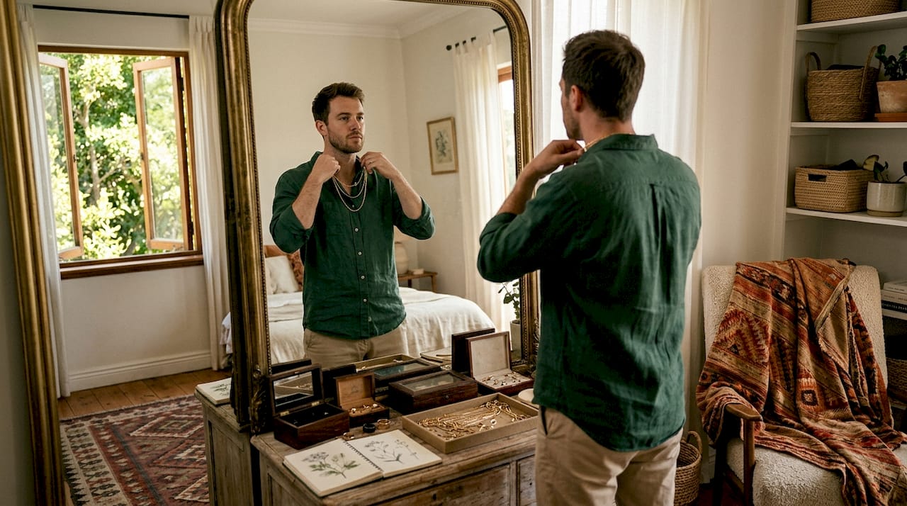 Man comparing gold chain styles at mirror