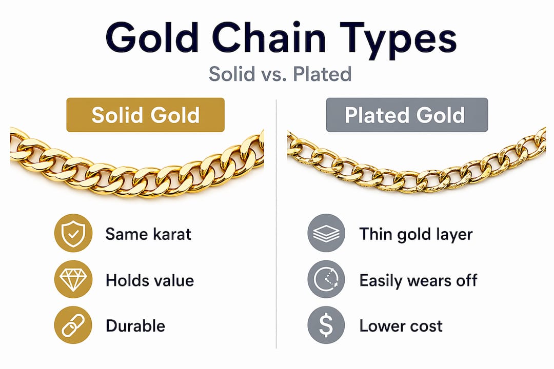 Infographic comparing solid and plated gold chains