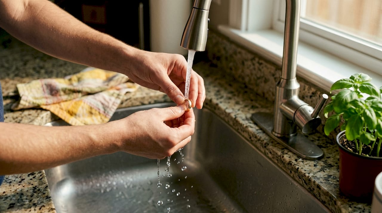 Gold ring under running water for tarnish test