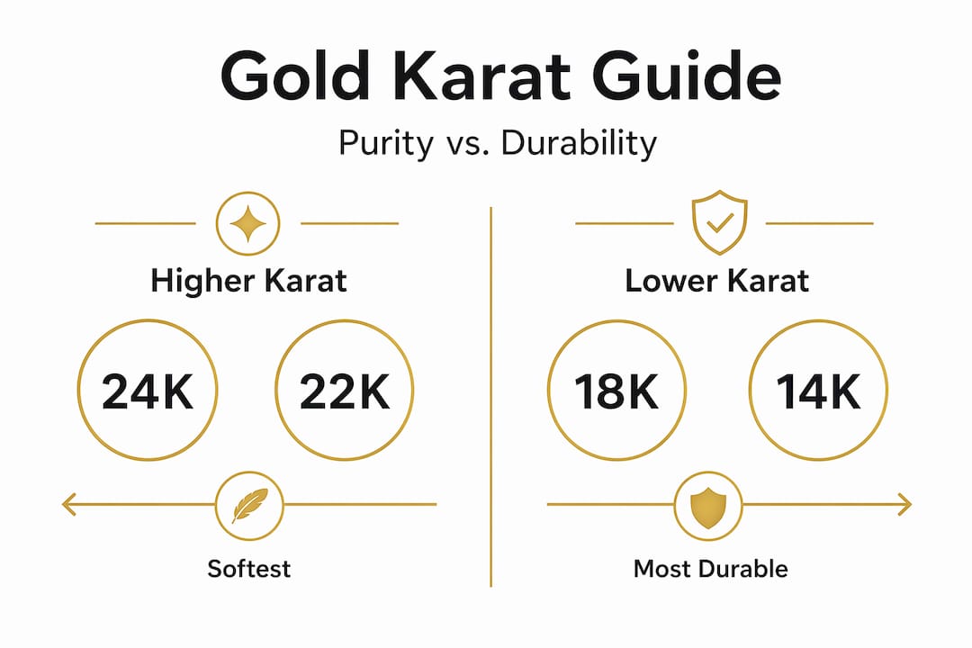 Split infographic comparing higher and lower gold karats