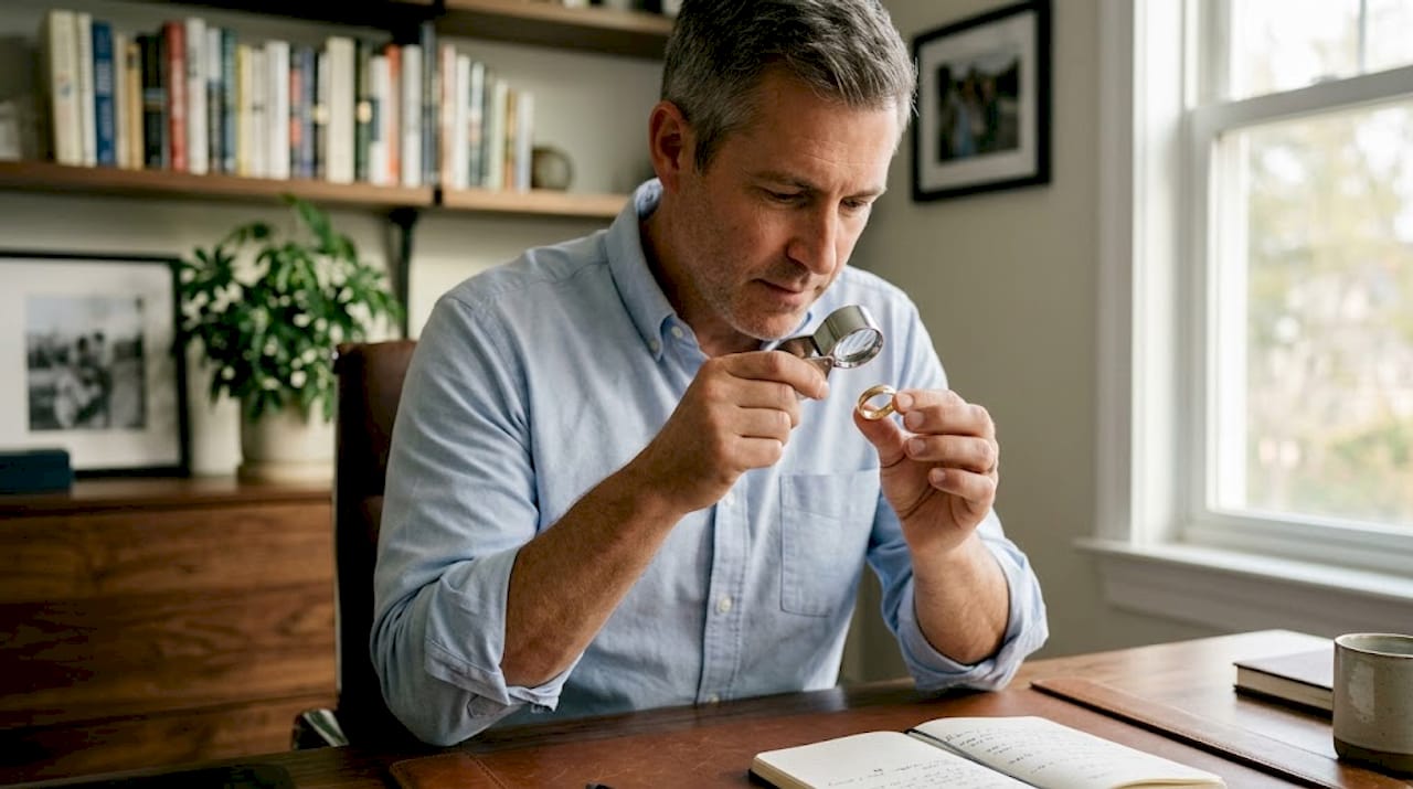 Inspecting hallmark inside gold ring close-up