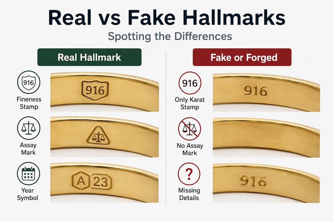 Infographic comparing real and fake gold hallmarks