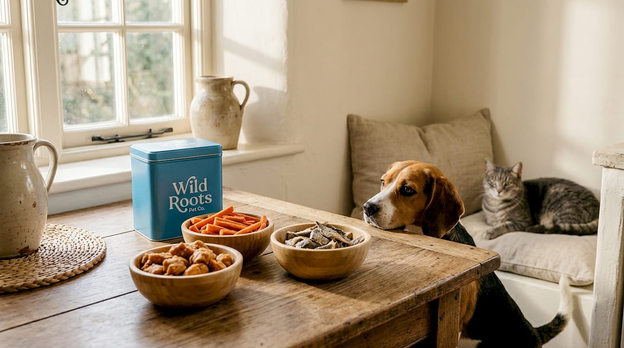 Different single ingredient pet treats on table