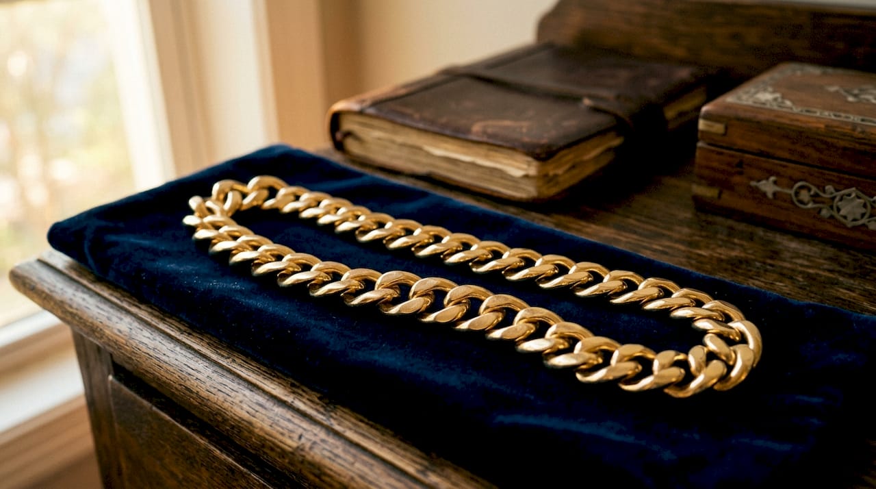 Chunky Cuban link gold chain detail on suede mat