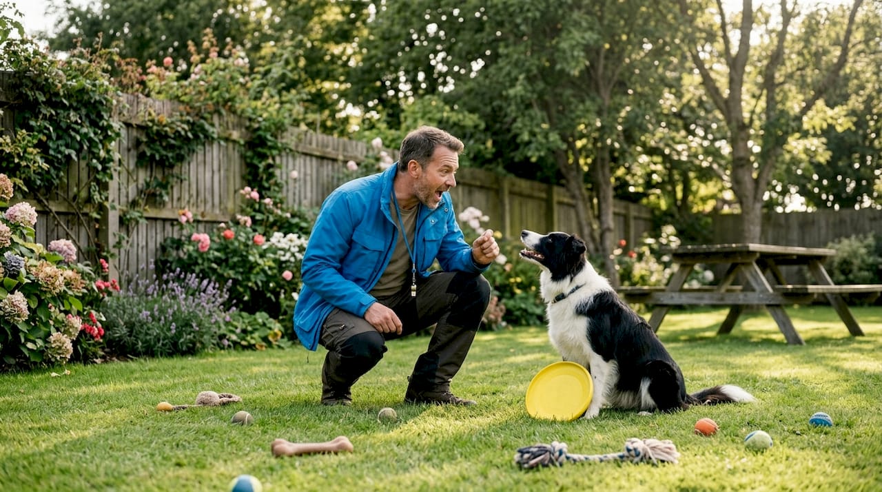Dog and trainer practicing fetch in backyard
