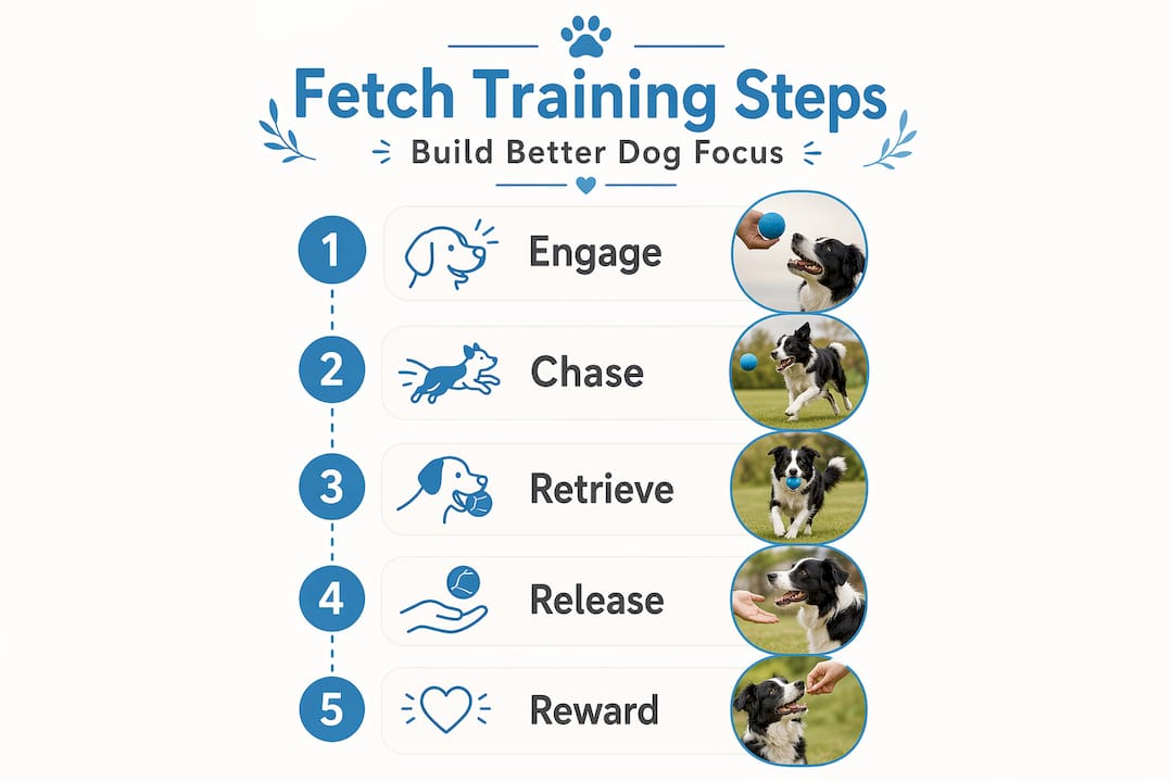 Infographic of five fetch training steps for dogs