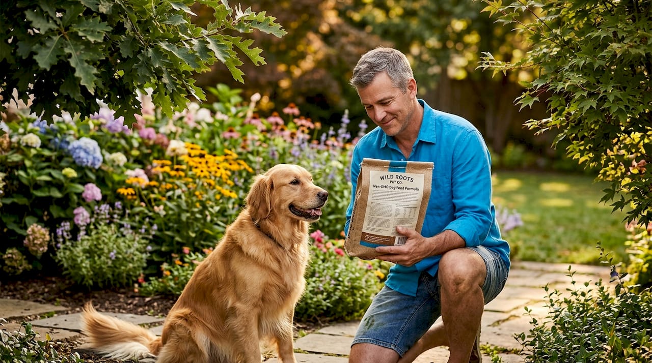 Owner checks non-GMO dog food label outdoors