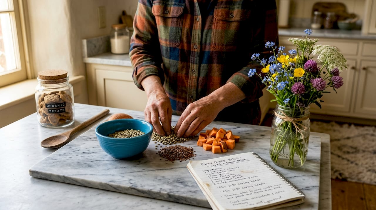 Hands organize sustainable pet treat ingredients