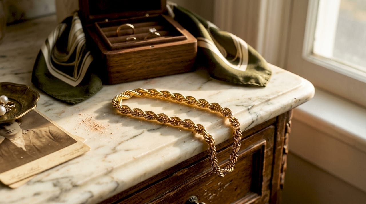 Gold rope chain detail on wood dresser
