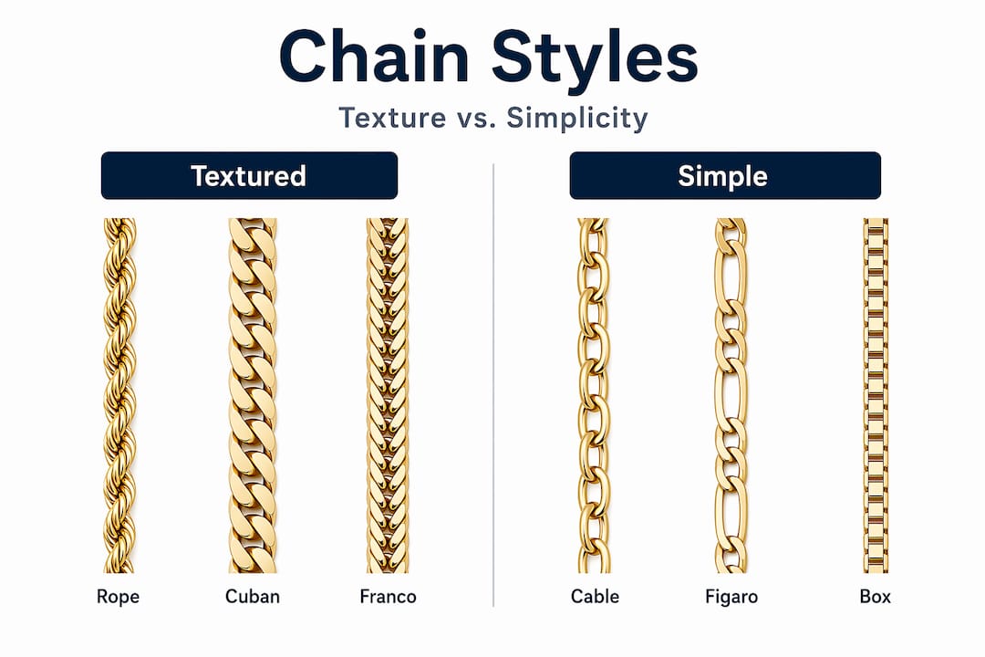 Infographic comparing textured and simple chain styles