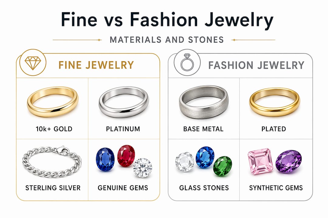 Infographic comparing fine and fashion jewelry materials
