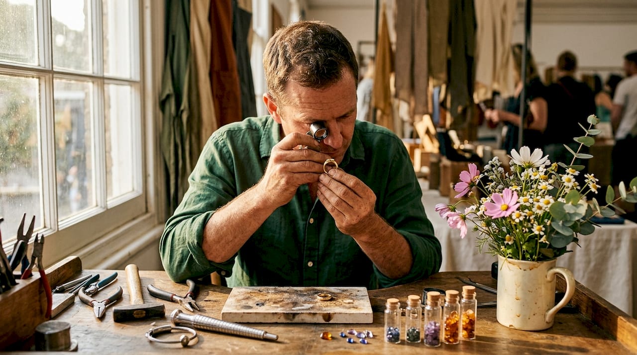Craftsman inspecting gold ring with jeweler’s loupe