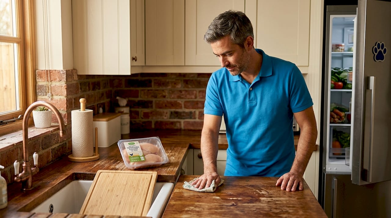 Owner cleaning kitchen for raw feeding prep