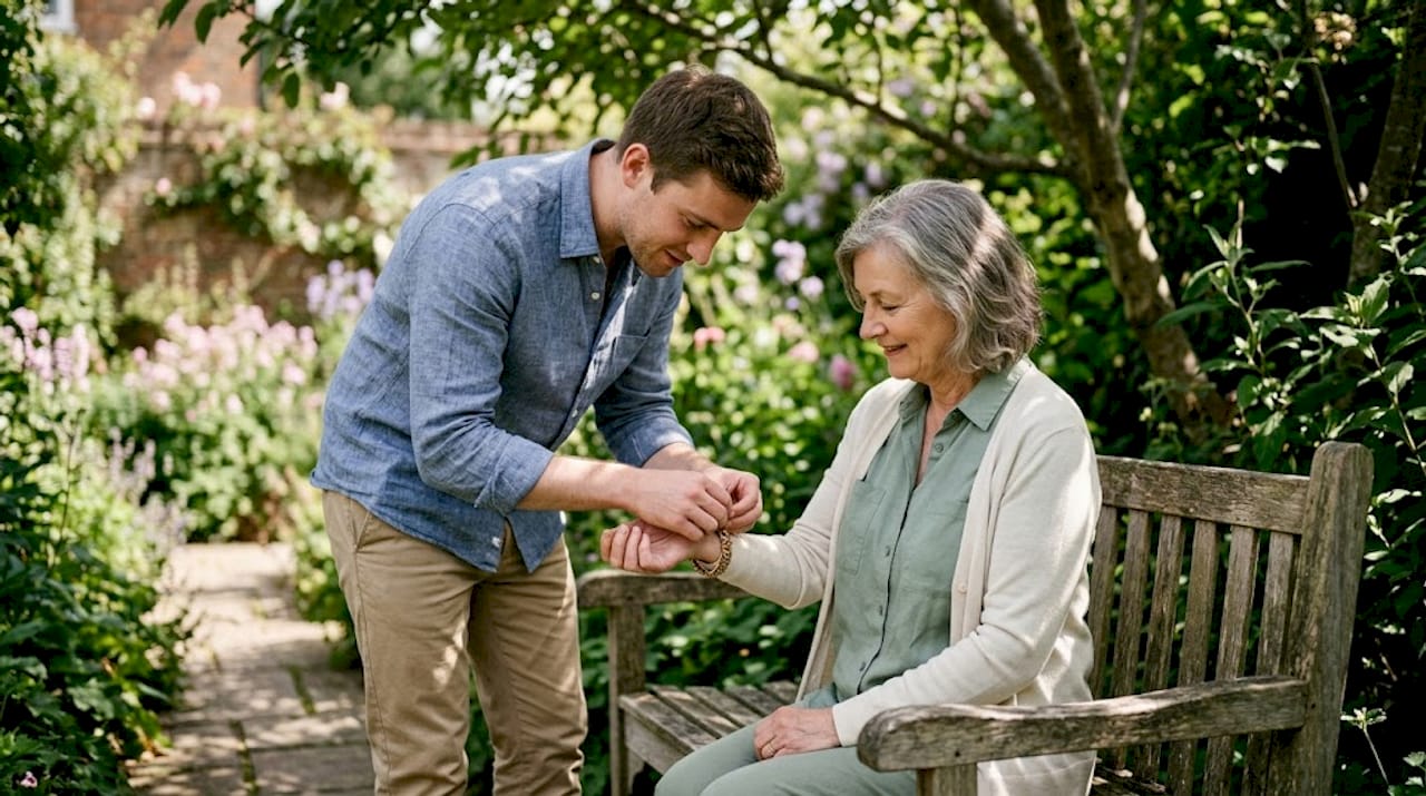 Young man gifting jewelry to mother at home