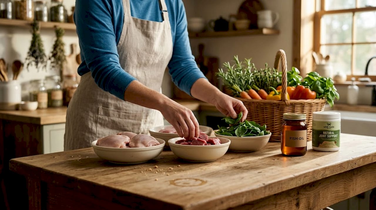 Pet food ingredients arranged on kitchen counter