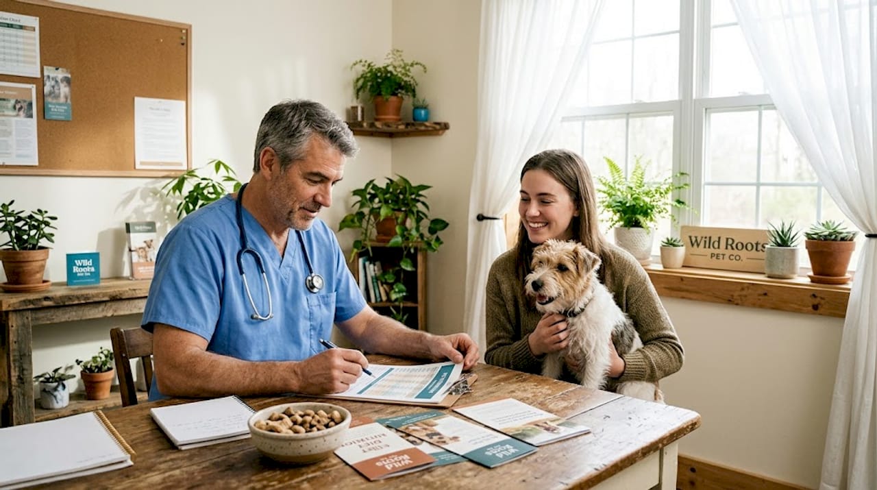 Veterinarian advising pet owner on nutrition