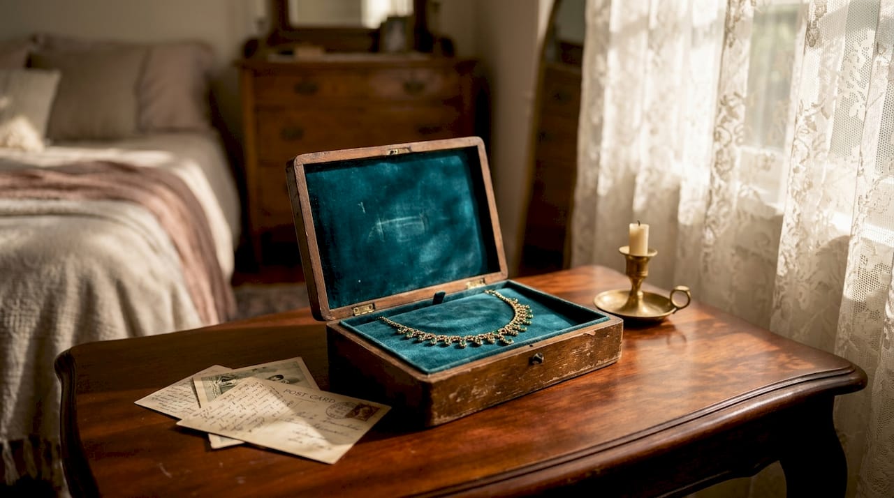 Heirloom necklace displayed in home setting