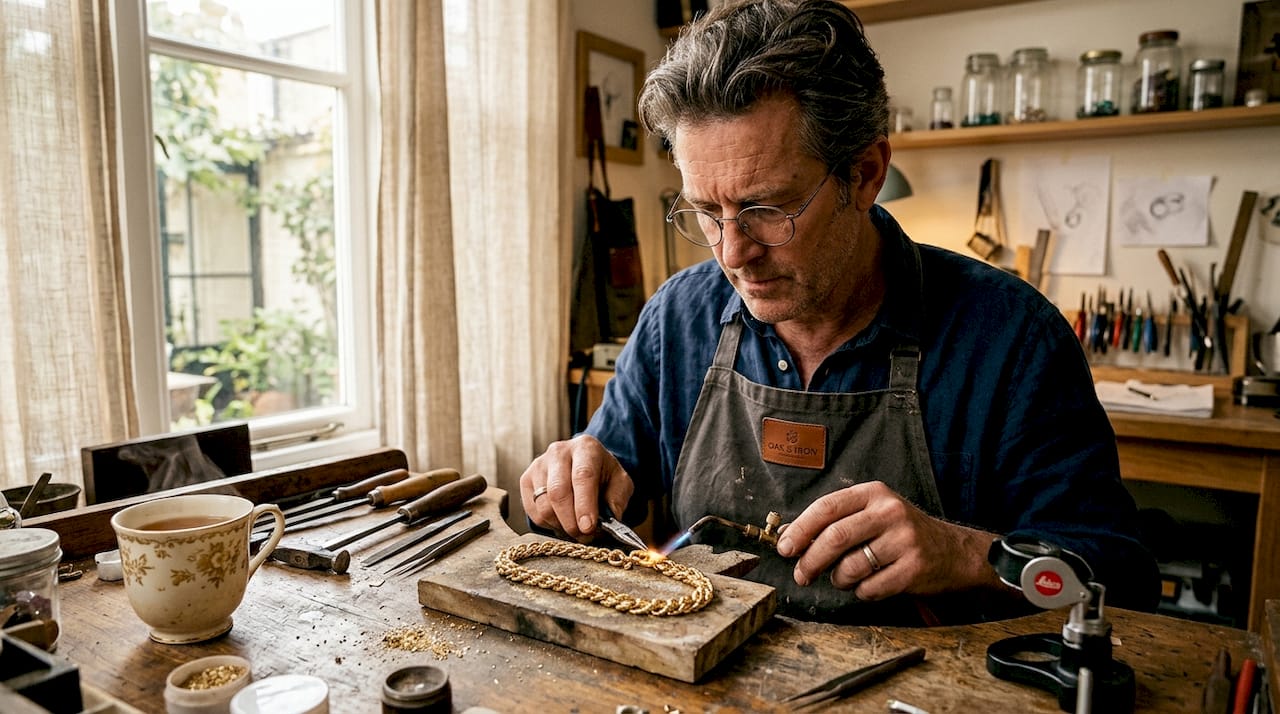 Goldsmith soldering gold chain in studio