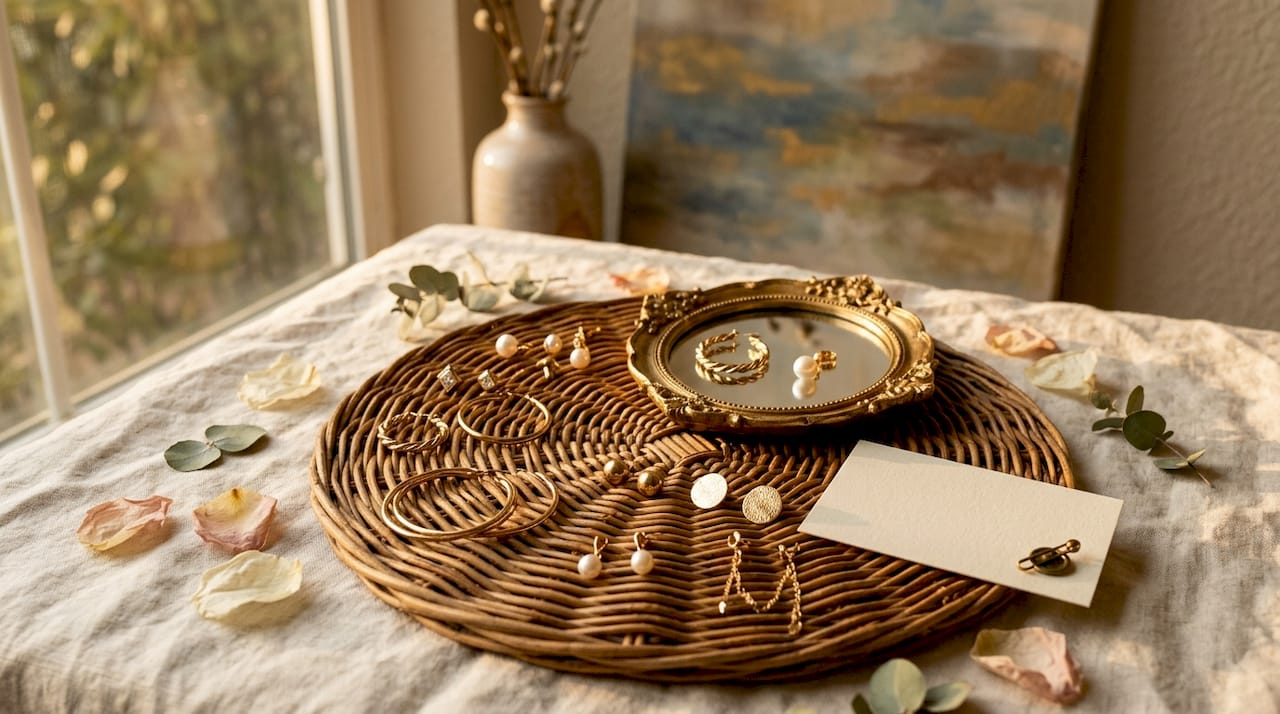 Close-up of assorted gold earring styles on wooden tray