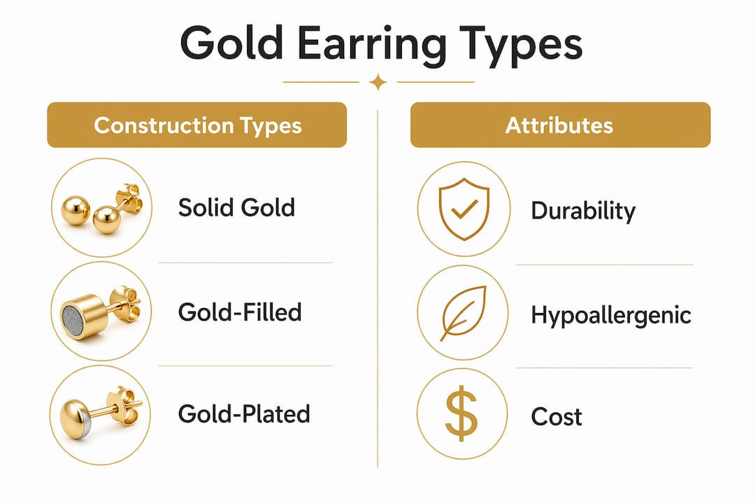 Infographic comparing gold earring construction types and attributes