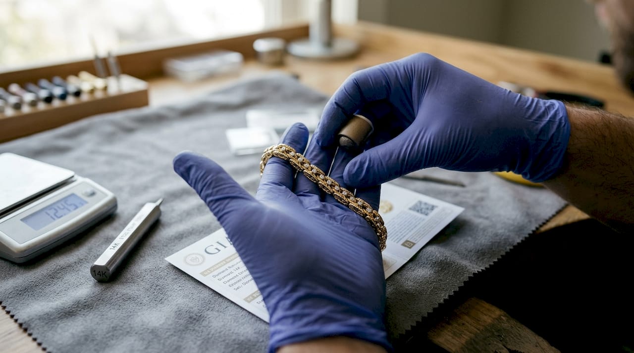 Detailed view of jeweler's hands holding gold bracelet with certification