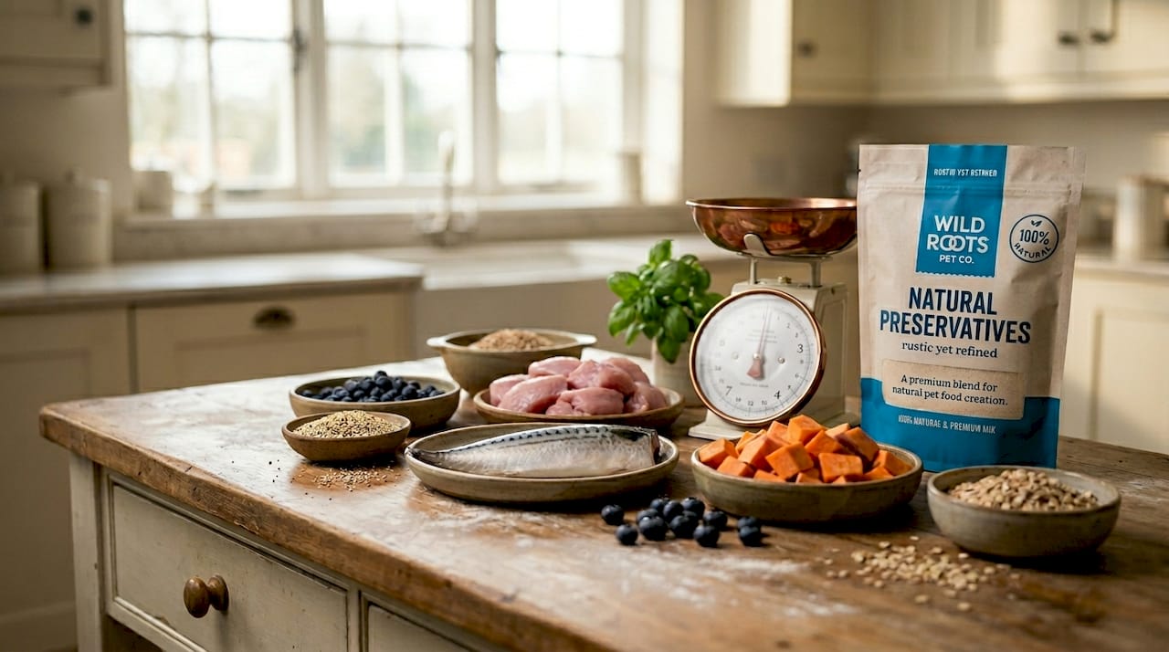 Assorted fresh premium pet food ingredients on table