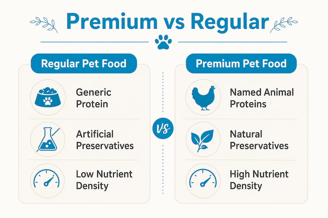 Infographic comparing premium and regular pet food qualities