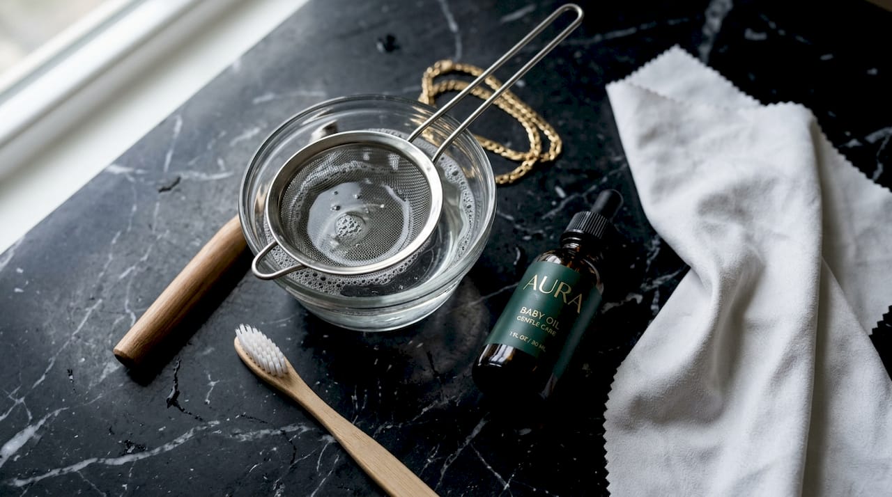 Flat lay of gold chain cleaning tools and supplies