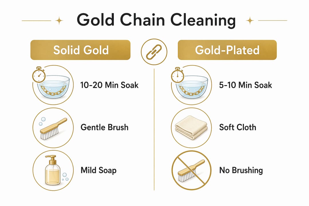 Infographic comparing cleaning methods for solid gold and gold-plated chains