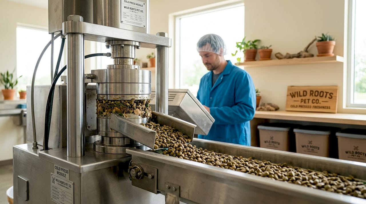 Cold pressed dog food production line close-up