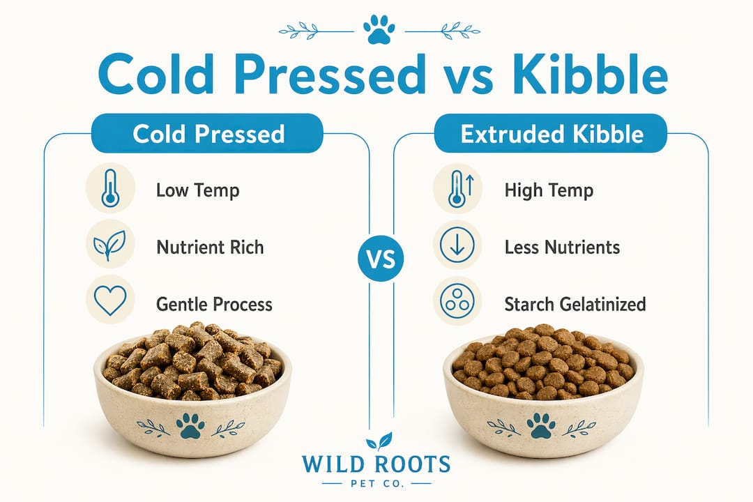 Infographic comparing cold pressed dog food and extruded kibble
