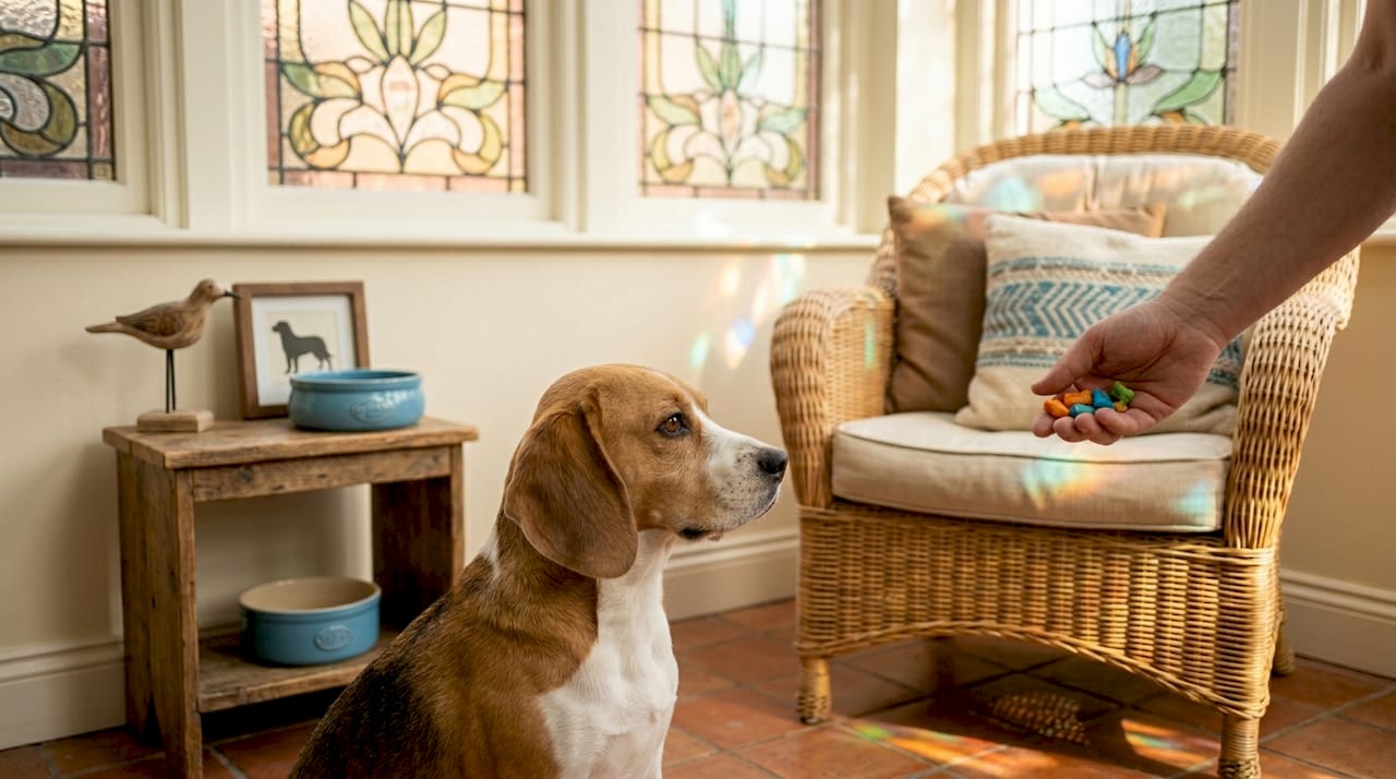 Beagle refusing artificial pet treat indoors