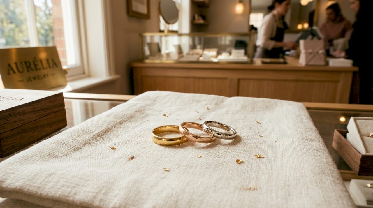 Close-up of yellow, rose, and white gold rings